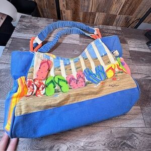 Paul Brent Flip Flop Beach Tote Bag Canvas Blue Zipper Top